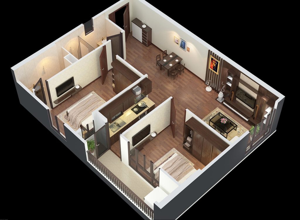 Thiết kế nội thất căn hộ chung cư 2 phòng ngủ 56m2